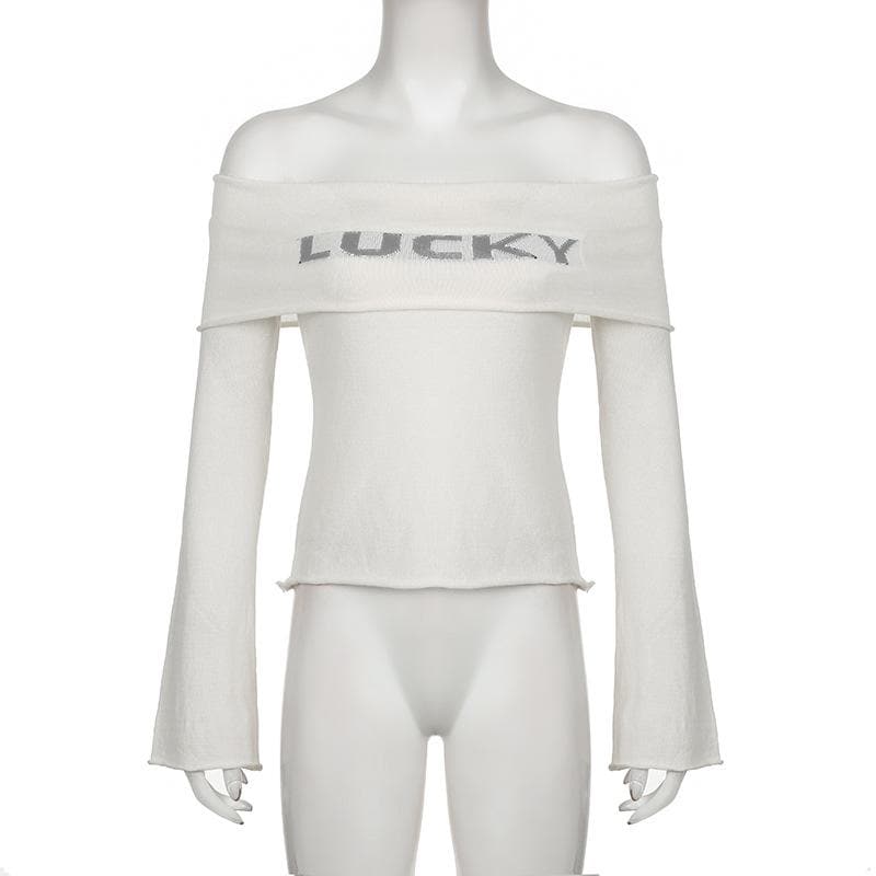 Off shoulder "LUCKY" pattern long sleeve top