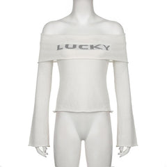 Off shoulder "LUCKY" pattern long sleeve top