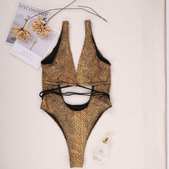 Solid cross front snakeskin print self tie metallic one piece swimwear