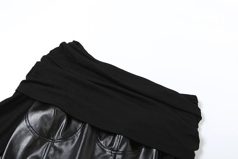 Off shoulder ruched patchwork PU leather long sleeve crop top