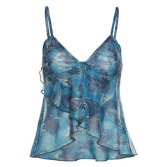 Sheer mesh see through v neck ruffle backless cami crop top