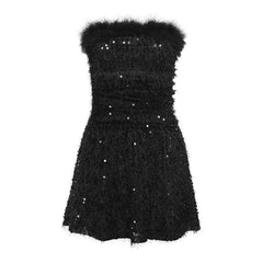 Textured glitter backless feather tube mini dress