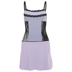 Lace ruffle patchwork ribbedribbed cami mini dress