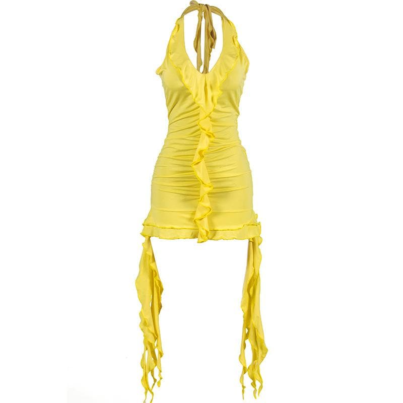 Self tie halter ruffle ruched v neck ribbon backless mini dress