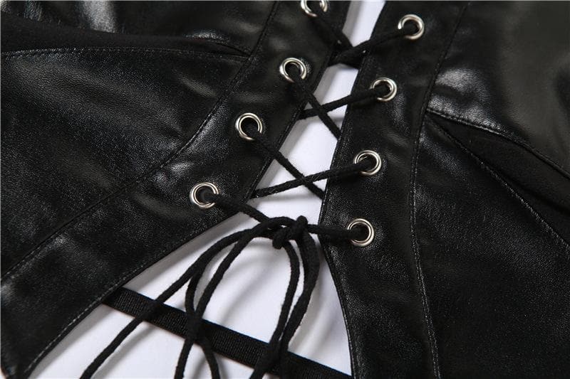 Solid PU leather hollow out halter lace up backless crop cut out top