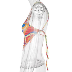 Contrast ripple halter backless self tie cross back crop top