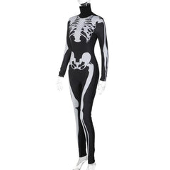 Skull pattern contrast high neck long sleeve jumpsuit