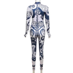 Abstract contrast long sleeve high neck zip-up jumpsuit