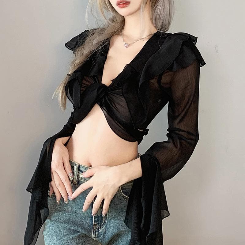 Solid long sleeve turnover collar bowknot self tie crop top