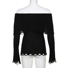 Crochet long sleeve hollow out off shoulder solid cut out top