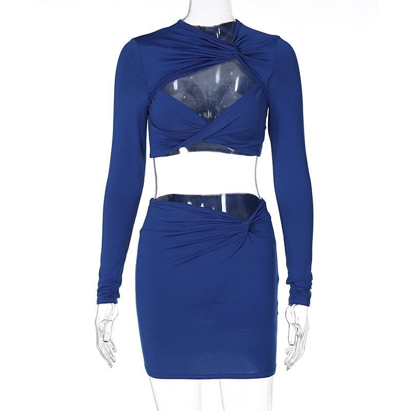 Knotted hollow out solid ruched long sleeve mini skirt set