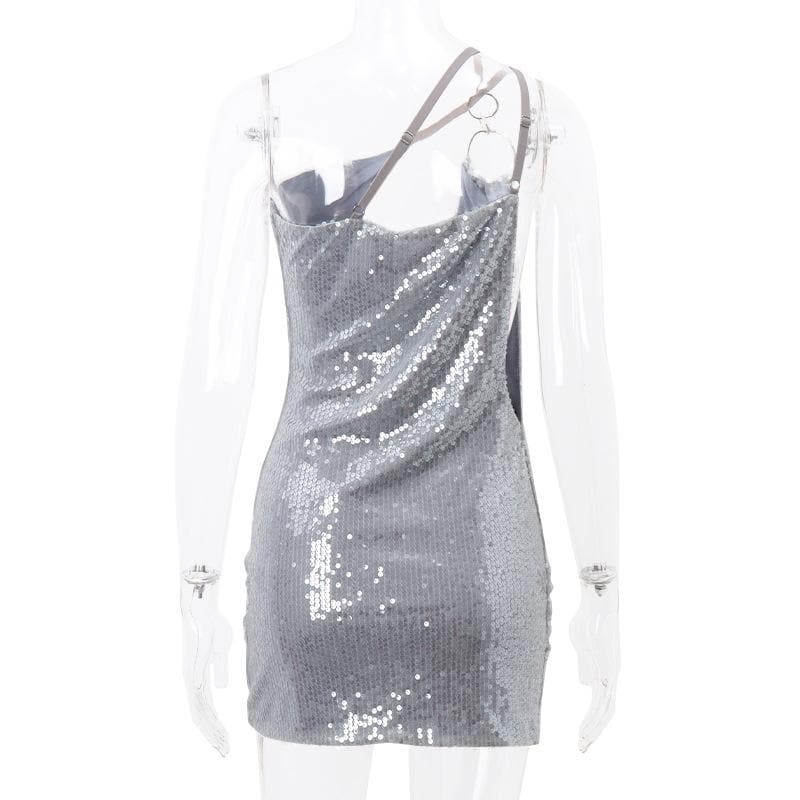 One shoulder irregular glitter low cut o ring ruched mini dress