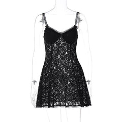 Backless v neck lace see through zip-up solid mini dress