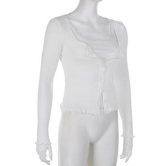 Button ruffle long sleeve lace hem textured solid 2 piece top