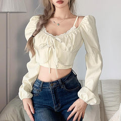 Puff sleeve solid ribbed lace hem patchwork self tie crop top