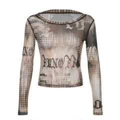 Contrast sheer mesh see through long sleeve round neck top