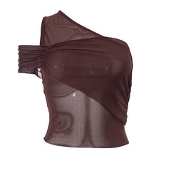 Sheer mesh see through solid one shoulder irregular ruched top