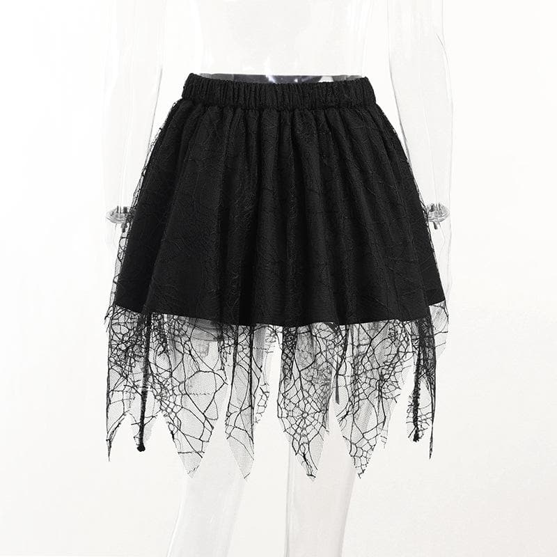 Solid irregular mesh spider web pattern mini skirt