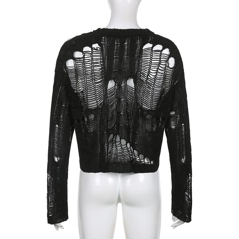 Solid hollow out crochet long sleeve round neck cut out top