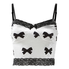 Bowknot print sweetheart neck lace hem velvet cami top