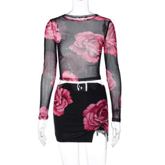 Mesh see through flower print long sleeve slit mini skirt set