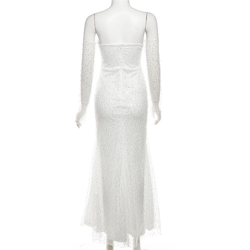 Backless glitter sweetheart neck zip-up long sleeve tube maxi dress