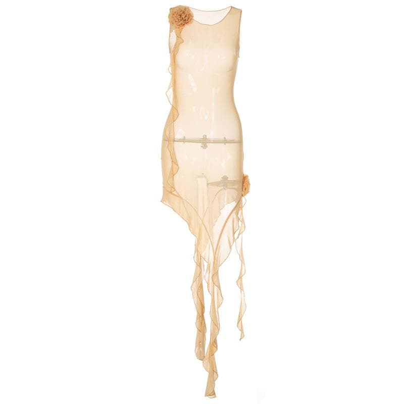 Ruffle sheer mesh see through flower applique ribbon sleeveless midi dress