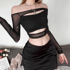 Beaded mesh off shoulder hollow out long sleeve crop cut out top