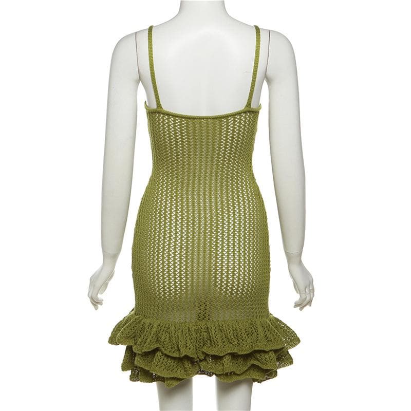 Crochet v neck sleeveless hollow out ruffle mini dress