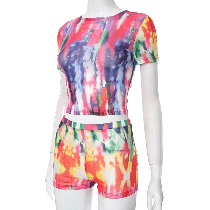 Short sleeve crewneck tie dye contrast mesh pant set