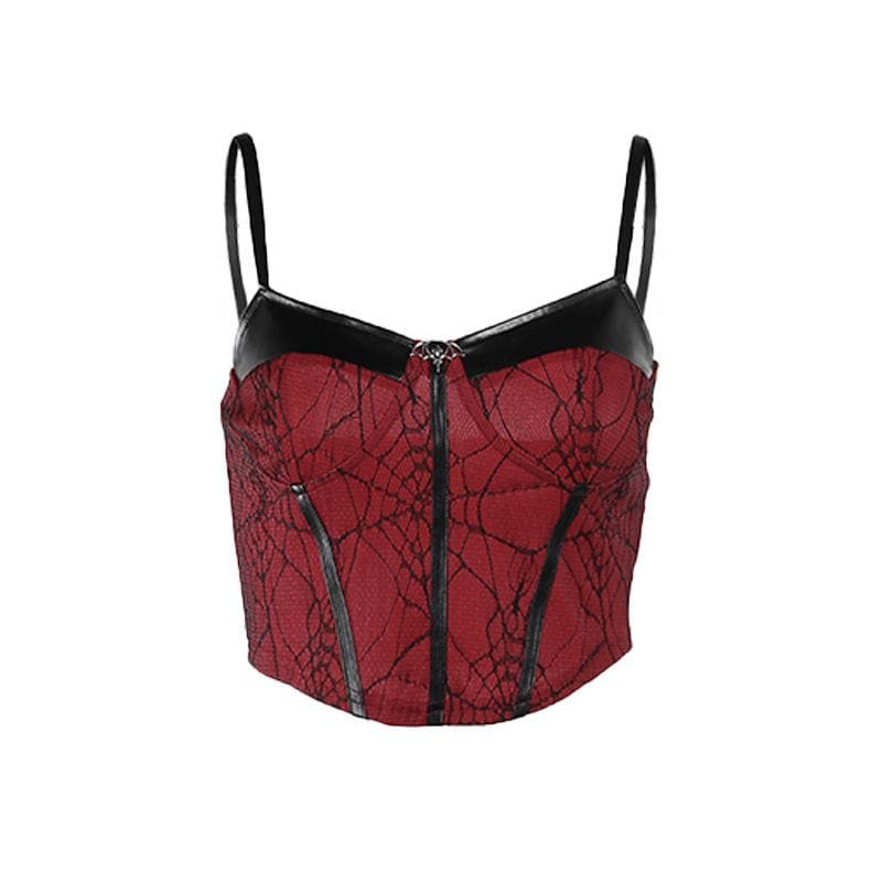 PU leather patchwork stitch lace bat applique cami top