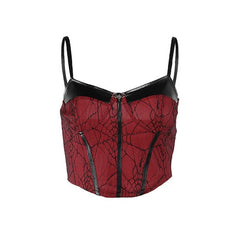 PU leather patchwork stitch lace bat applique cami top