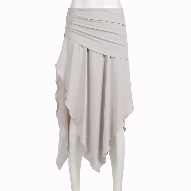 Ruched irregular ruffle slit solid high rise midi skirt