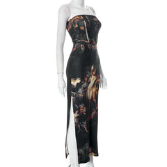 Slit abstract contrast bustier backless tube maxi dress