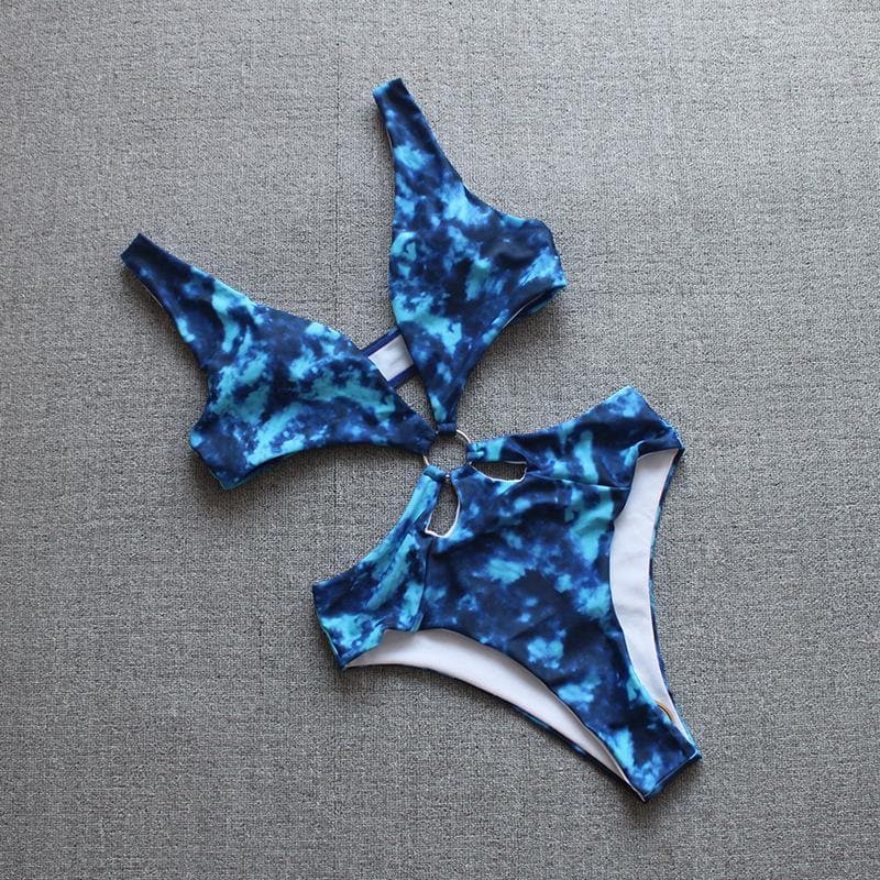 V neck hollow out tie dyed swimwear bikini