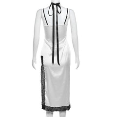 Lace hem satin ribbon high slit flower applique cami mini dress