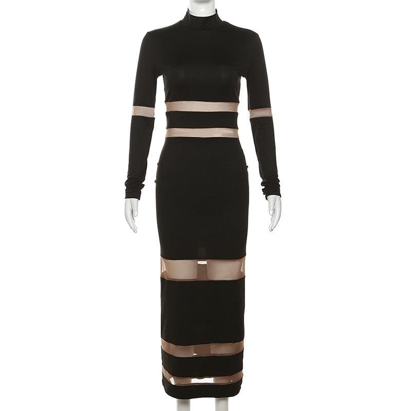 Patchwork mesh contrast long sleeve high neck maxi dress