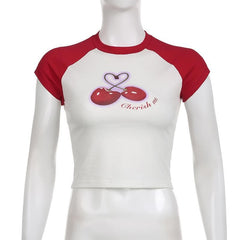 Cherry pattern patchwork contrast cap sleeve crewneck crop top