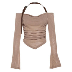 Buckle halter PU leather cowl neck off shoulder long sleeve top