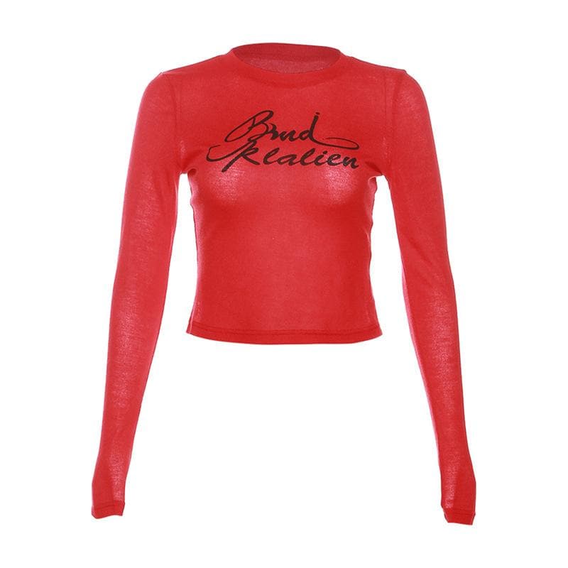 Ribbed long sleeve see through contrast crewneck crop top