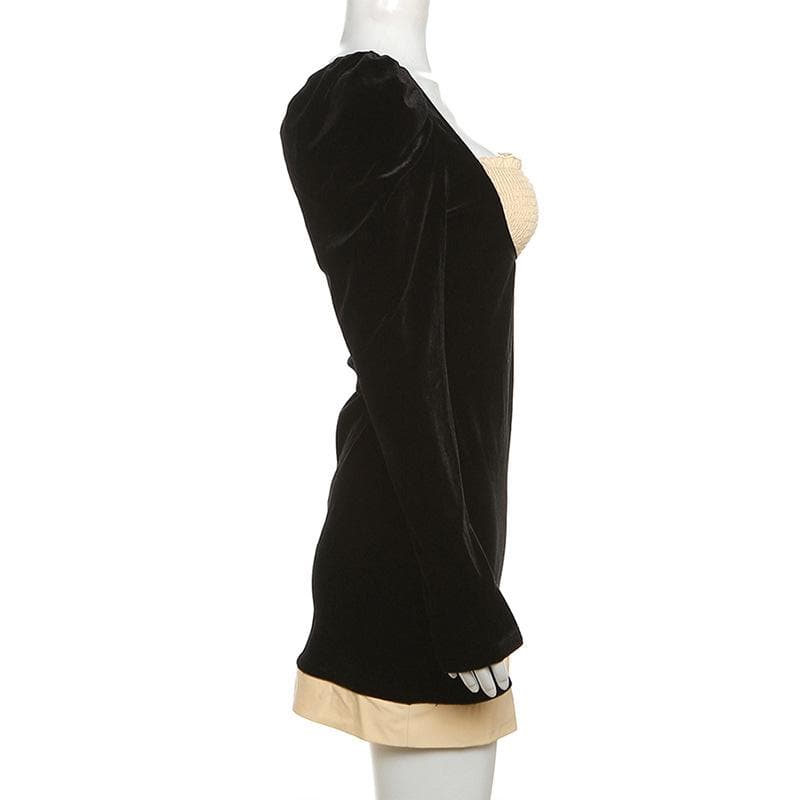 Smocked patchwork ruched contrast long sleeve velvet mini dress