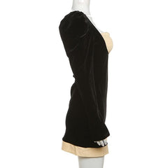 Smocked patchwork ruched contrast long sleeve velvet mini dress