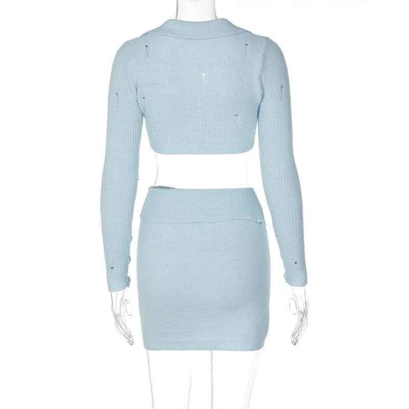 Button knitted solid long sleeve turnover collar mini skirt set