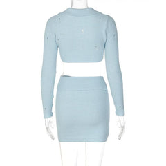 Button knitted solid long sleeve turnover collar mini skirt set