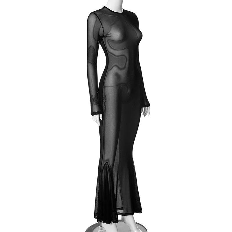 Sheer mesh see through long flared sleeve solid maxi dress