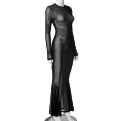 Sheer mesh see through long flared sleeve solid maxi dress