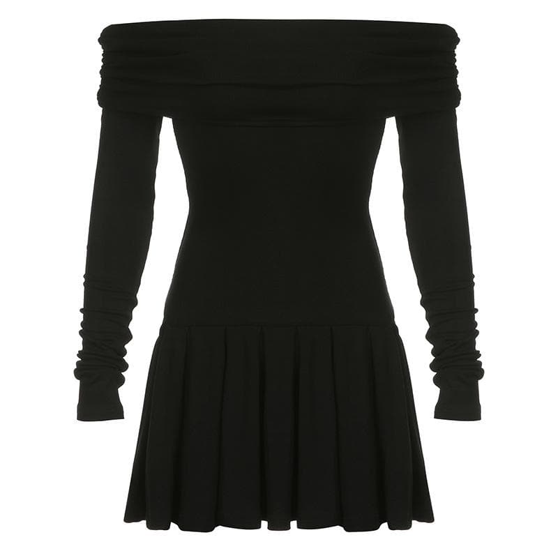 Pleated off shoulder long sleeve solid ruched mini dress