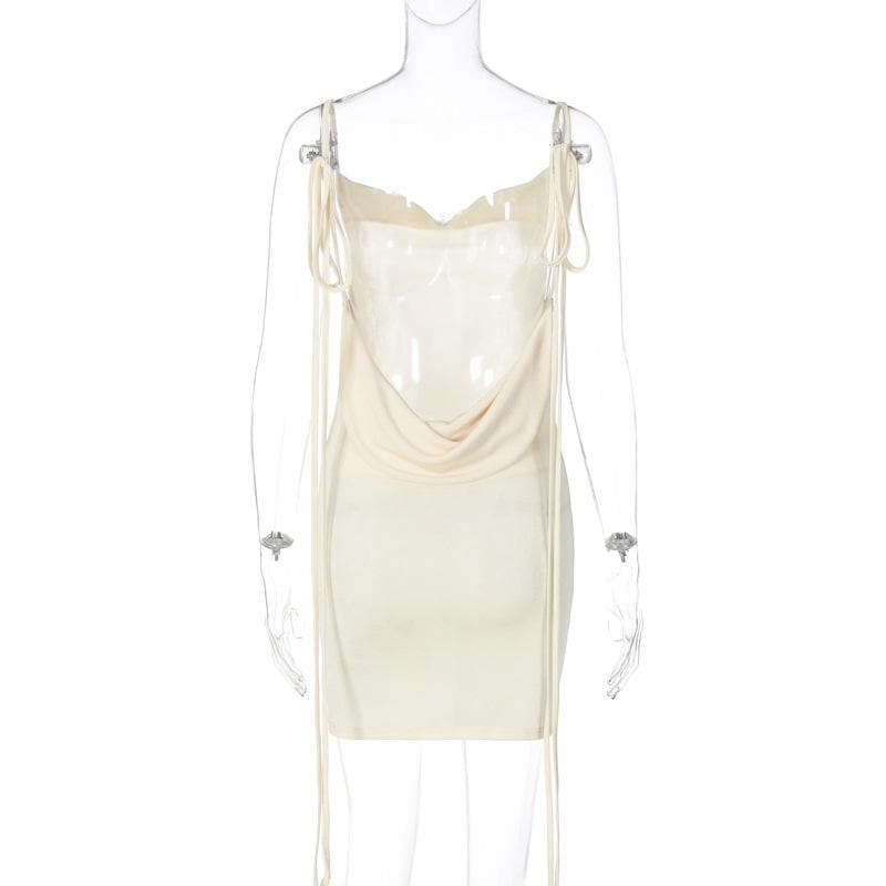 Cowl neck self tie backless ribbon solid mini dress