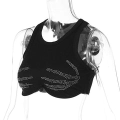 Palm pattern beaded ribbed sleeveless round neck crop top