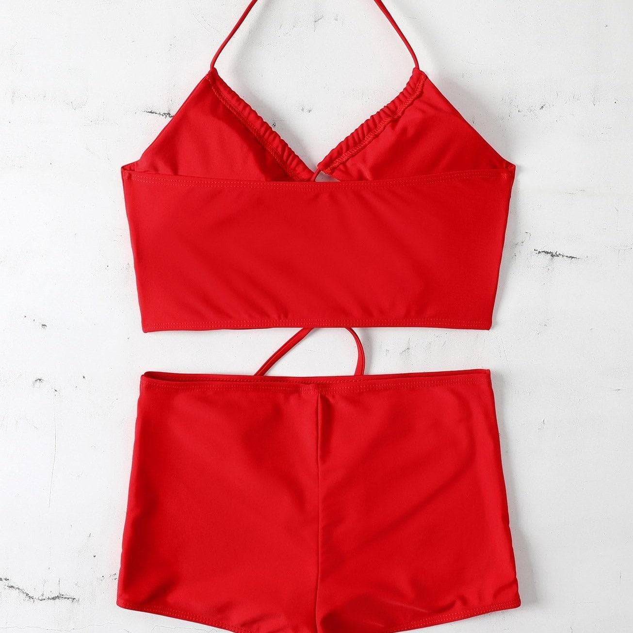 Hollow out cross tie high waisted 2 piece bikini set